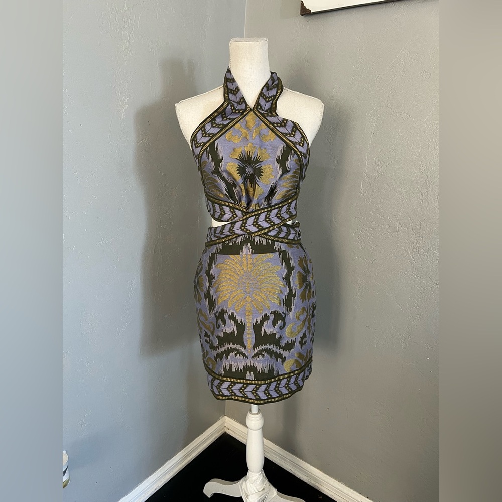 Lace green and Gold Patterned Mini Dress size S